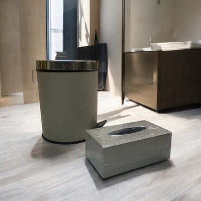 Elegant Light Brown Leather Dustbin & Tissue Box Set
