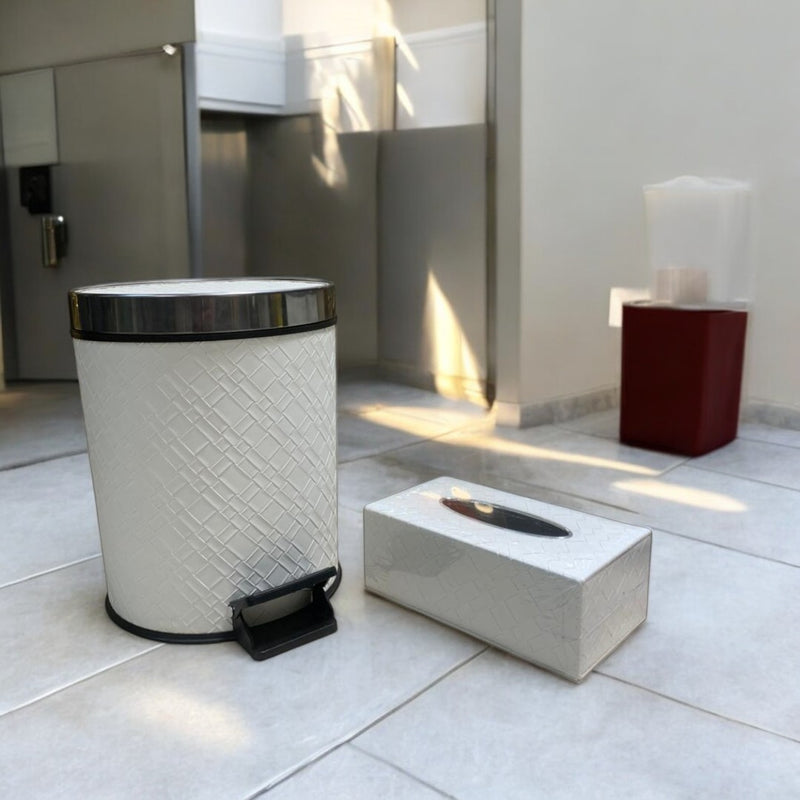 Luxury White Leather Dustbin & Tissue Box Set