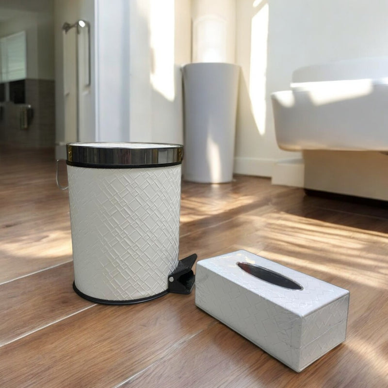 Luxury White Leather Dustbin & Tissue Box Set
