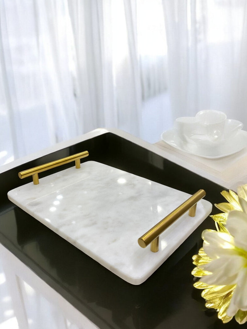 Luxe Rectangular Marble Tray with Brass Handles