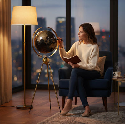 Midnight Brass Globe on Tripod Stand