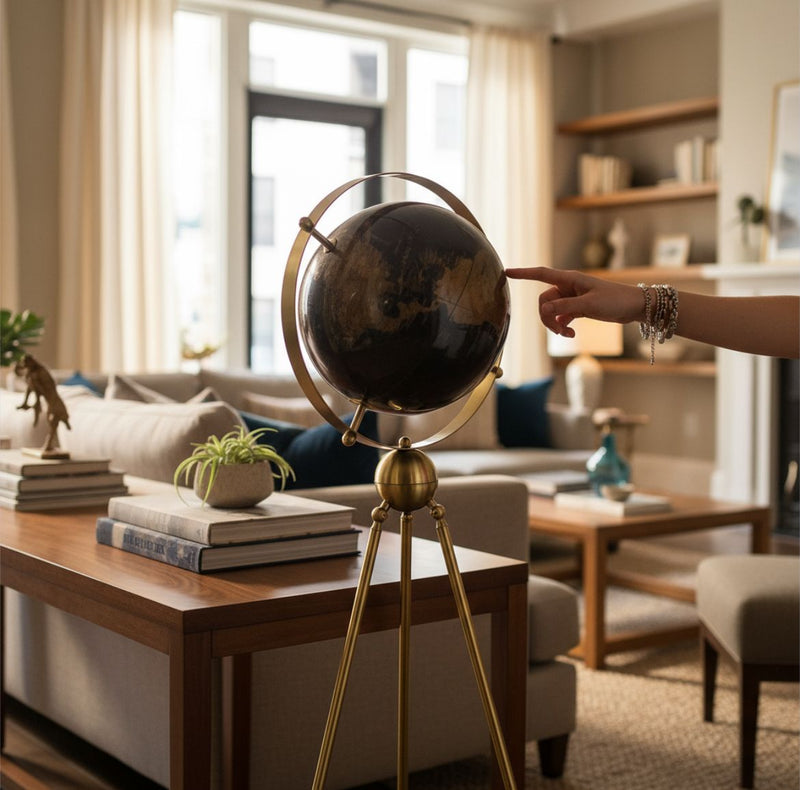 Midnight Brass Globe on Tripod Stand