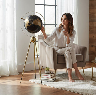 Midnight Brass Globe on Tripod Stand
