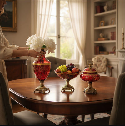 Red Decorative Vase & Bowl Set with Brass Base