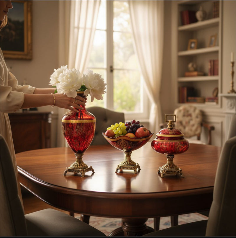 Red Decorative Vase & Bowl Set with Brass Base