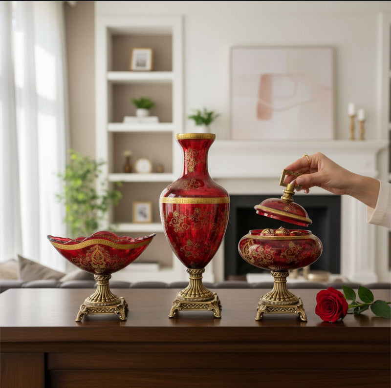 Red Decorative Vase & Bowl Set with Brass Base