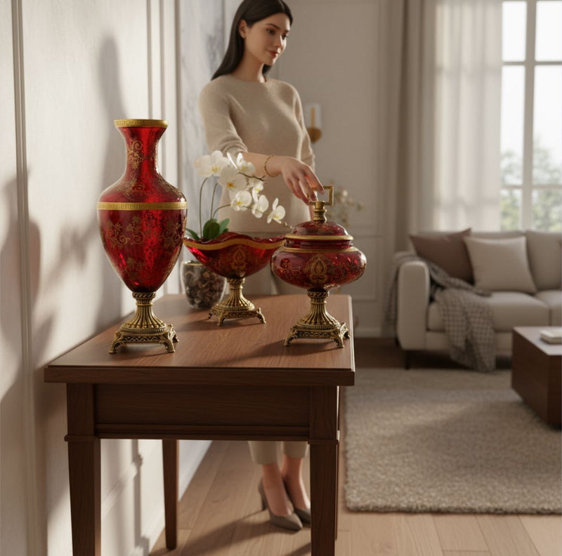 Red Decorative Vase & Bowl Set with Brass Base