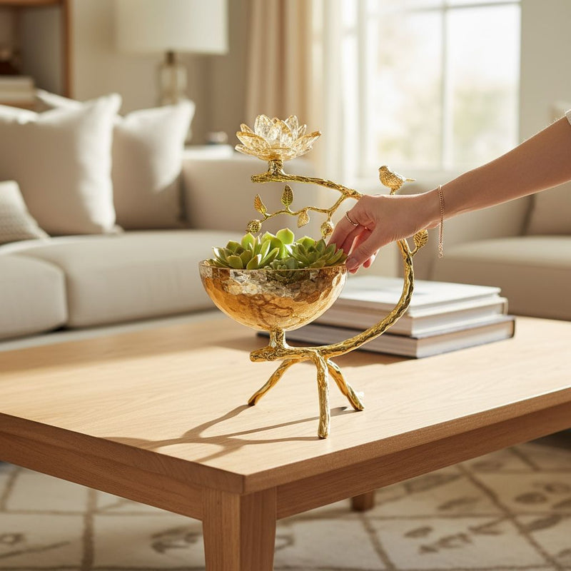 Golden Songbird Accent Bowl with Crystal Lotus