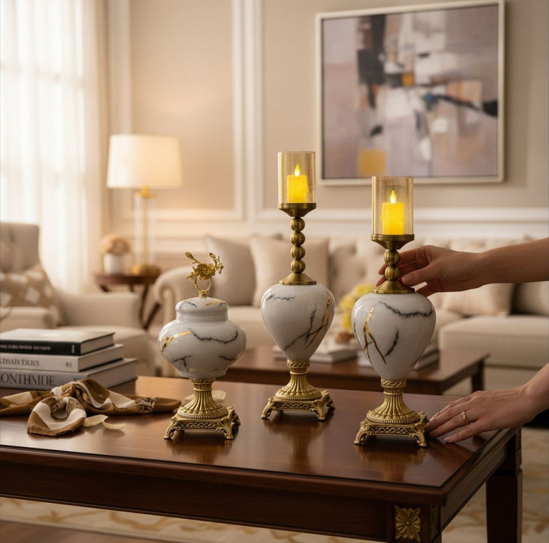 White Marble-Style Candle Holder Set with Brass Base