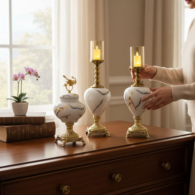 White Marble-Style Candle Holder Set with Brass Base