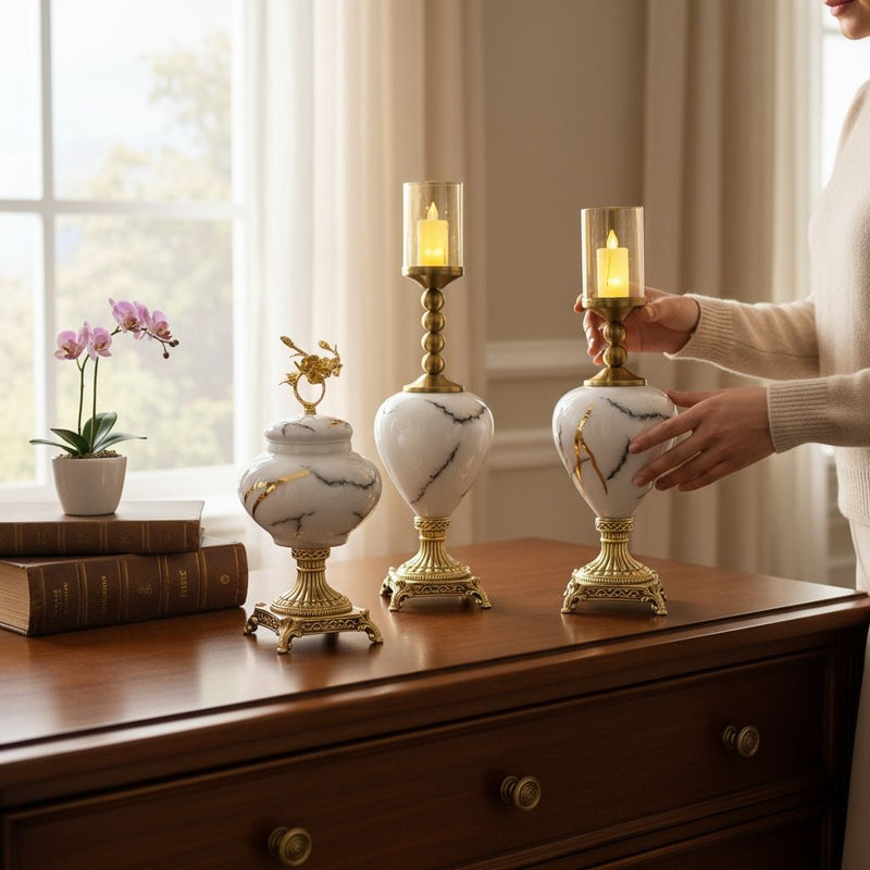 White Marble-Style Candle Holder Set with Brass Base