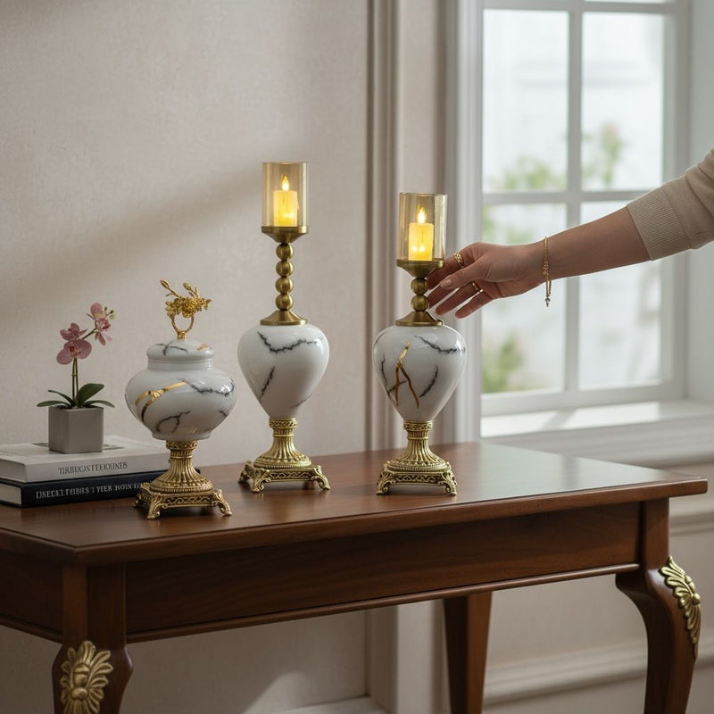 White Marble-Style Candle Holder Set with Brass Base