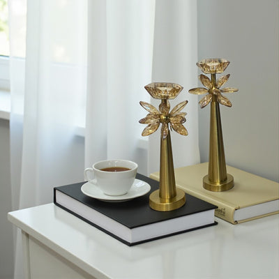 Vintage Brass Lotus Crystal Candle Holders