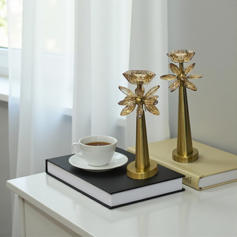 Vintage Brass Lotus Crystal Candle Holders