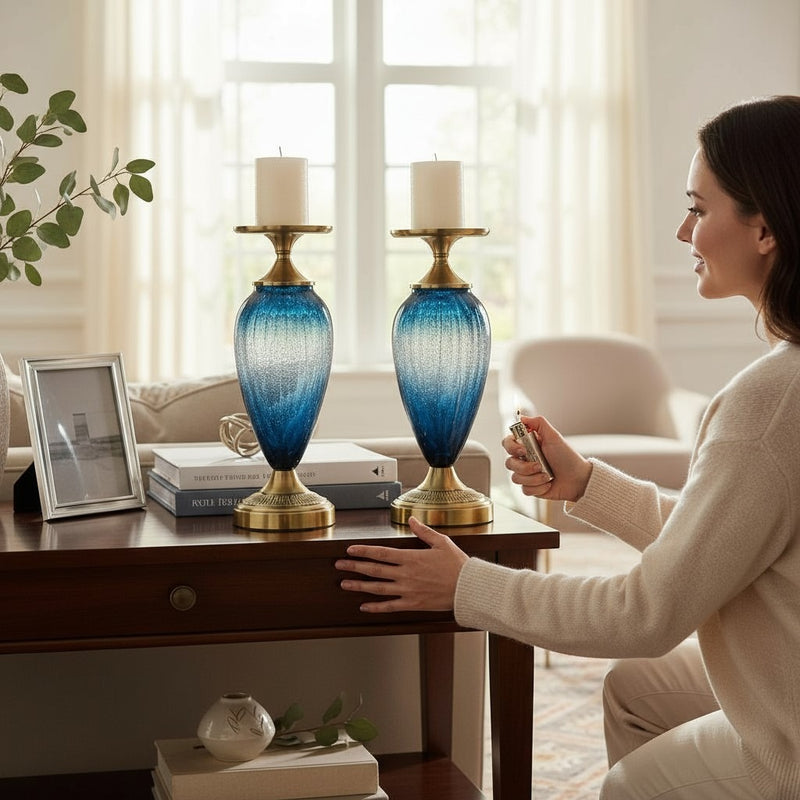 Azure Ocean Blue Brass Candle Stands