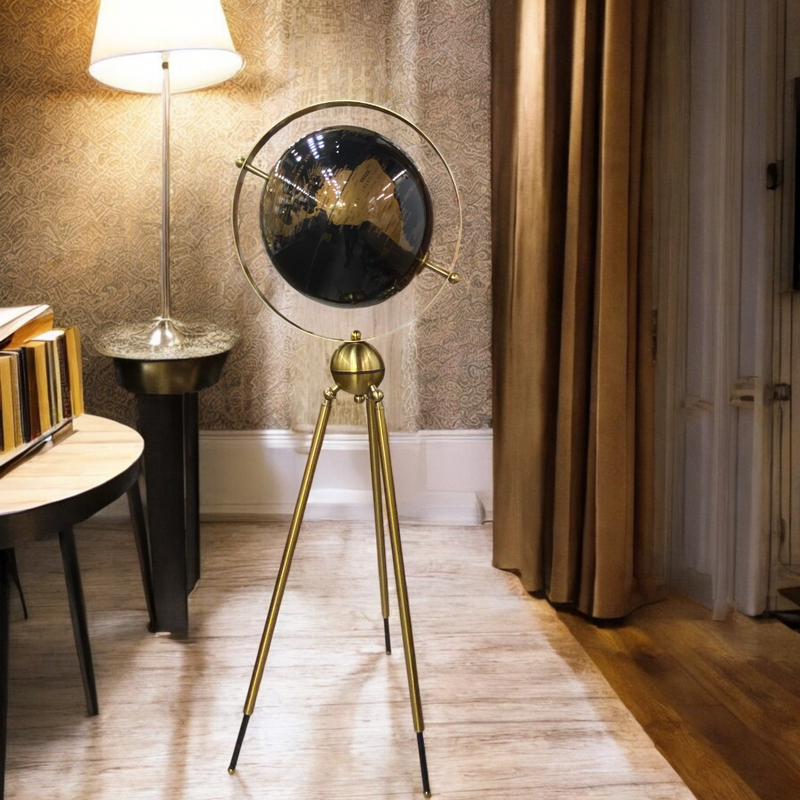 Midnight Brass Globe on Tripod Stand