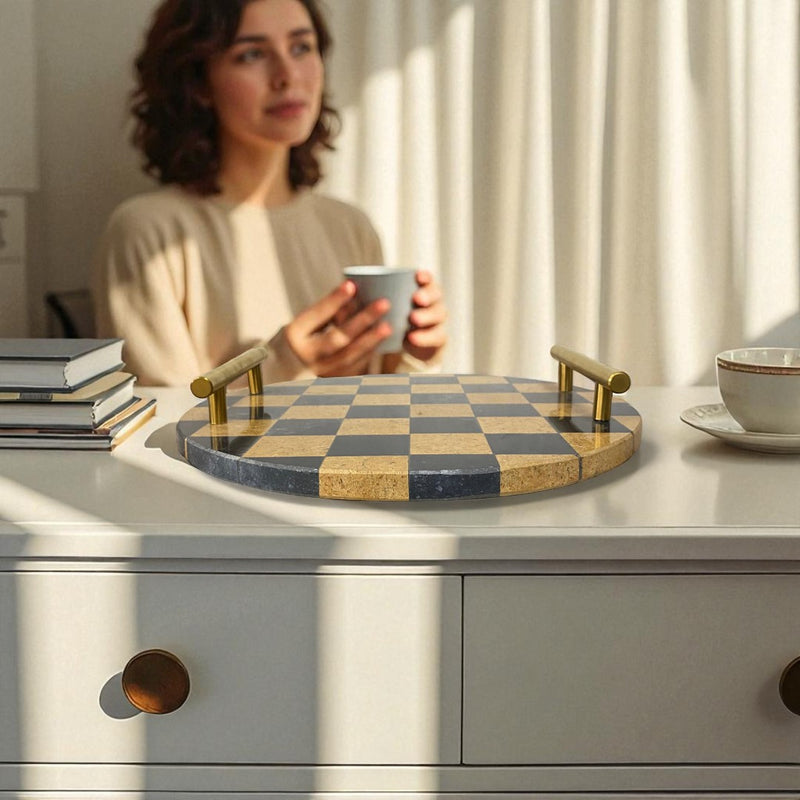 Round Checkered Marble Tray with Brass Handles