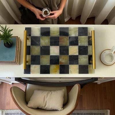 Checkered Marble Accent Tray with Brass Handles