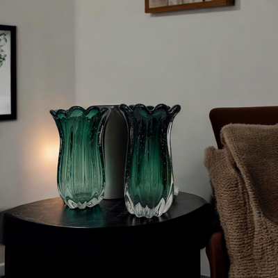 Emerald Murano-Style Ribbed Glass Vases