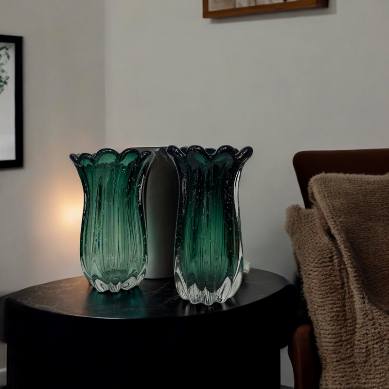 Emerald Murano-Style Ribbed Glass Vases
