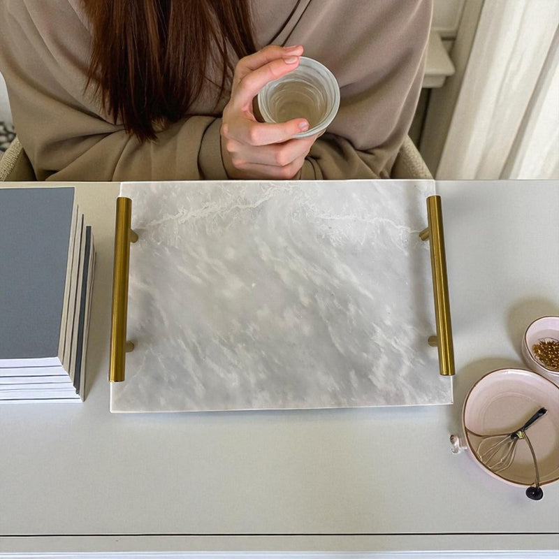 White Marble Rectangular Tray with Brass Handles