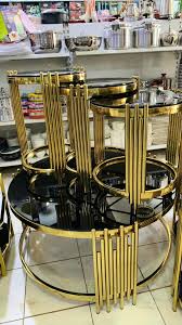Aurora Imported SS Nested Table Set – Tempered Black Glass with SS Gold Base
