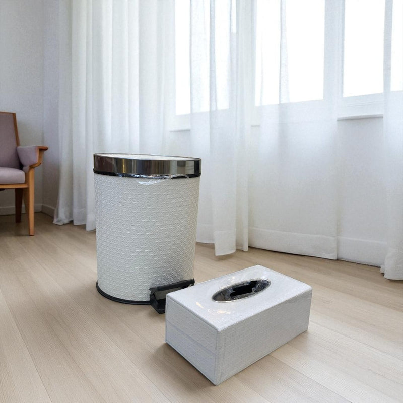 Elegant White Leather Dustbin & Tissue Box Set
