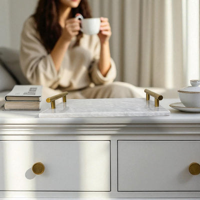 White Marble Rectangular Tray with Brass Handles