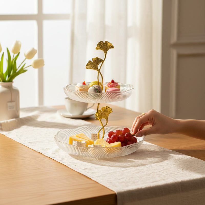 Golden Bloom Two-Tier Glass Serving Stand