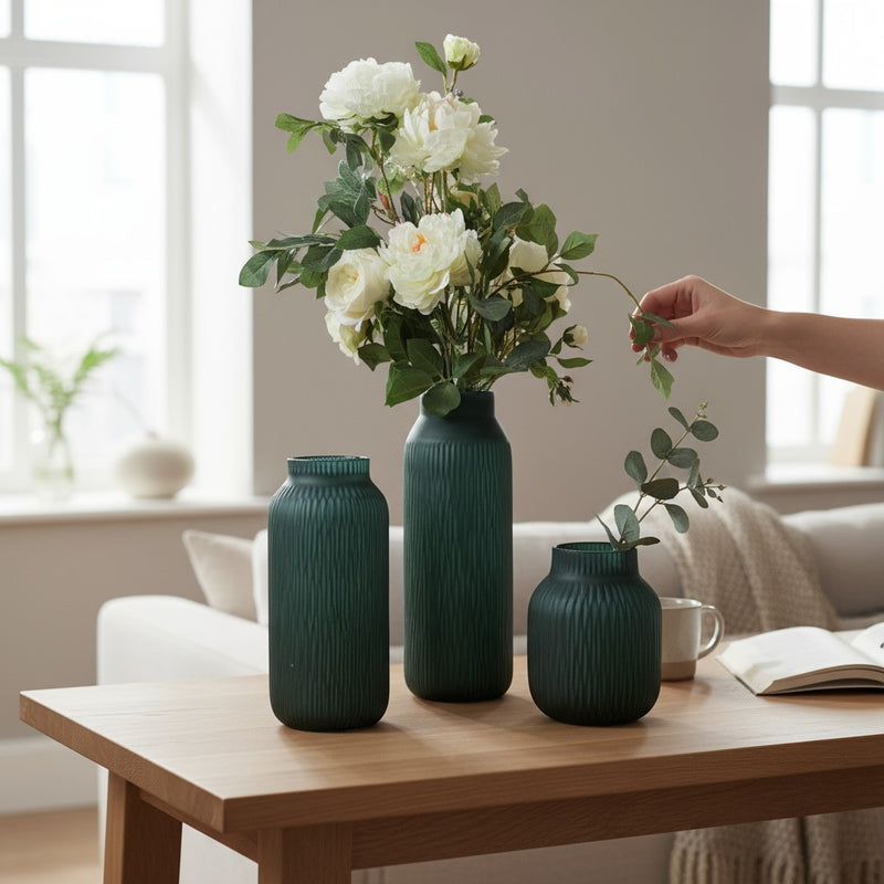 Matte Teal Glass Vase Duo with Blue Dried Florals