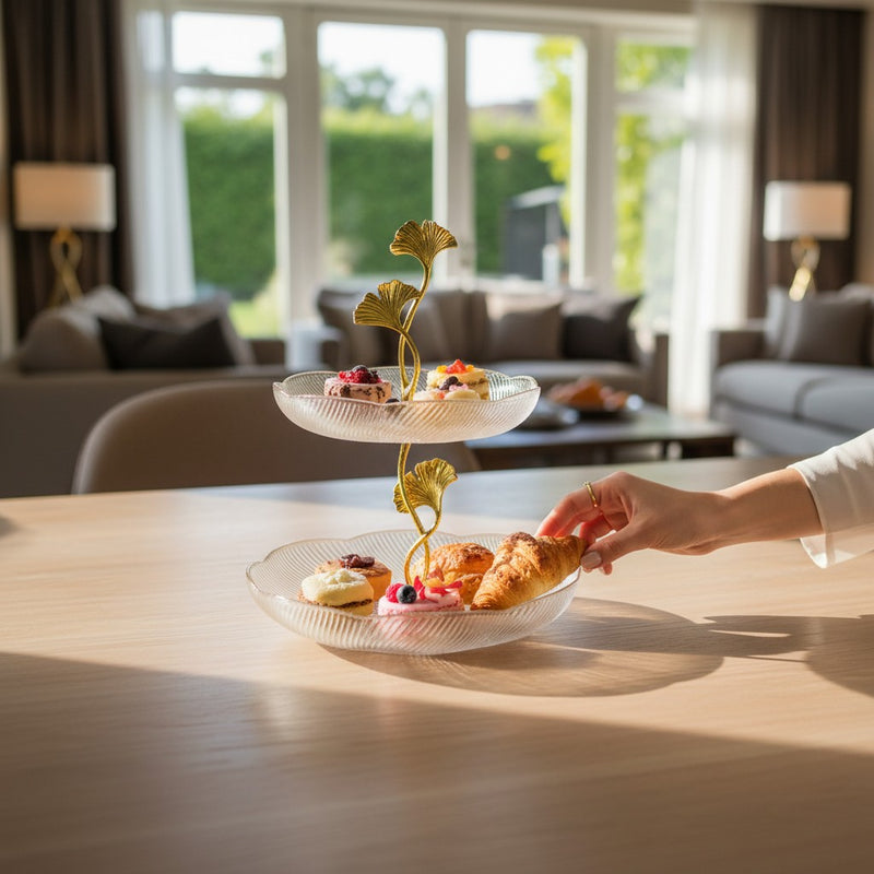 Golden Bloom Two-Tier Glass Serving Stand