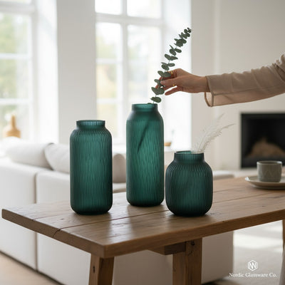 Matte Teal Glass Vase Duo with Blue Dried Florals