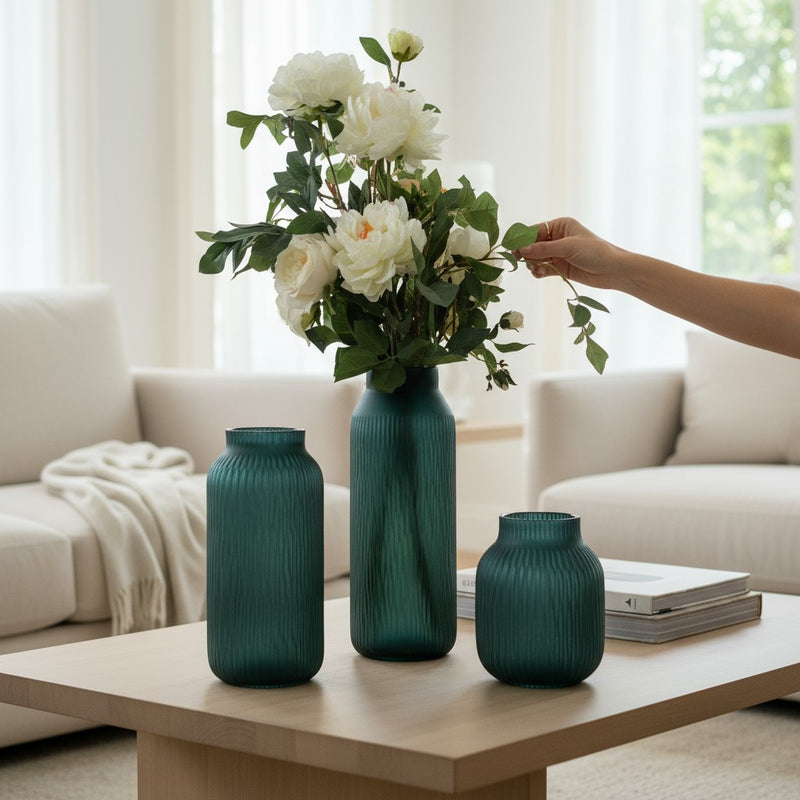 Matte Teal Glass Vase Duo with Blue Dried Florals