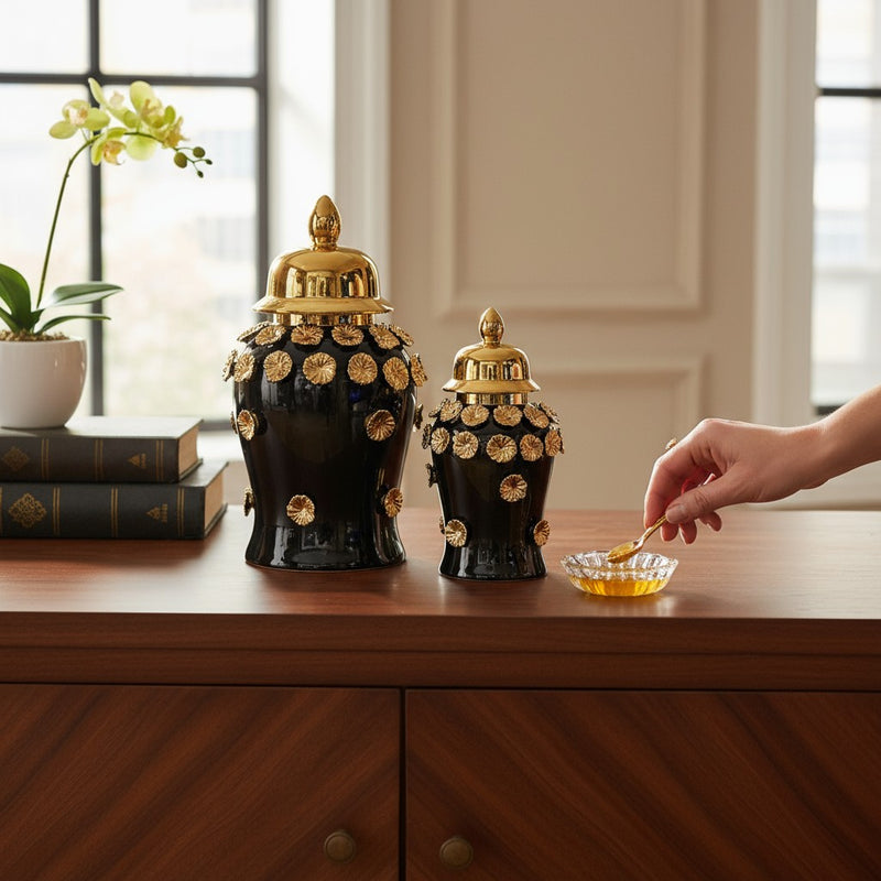Midnight Bloom Black-Gold Floral Porcelain Urns