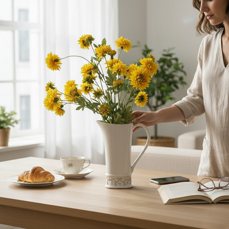 Ivory Bloom Ceramic Pitcher Vase