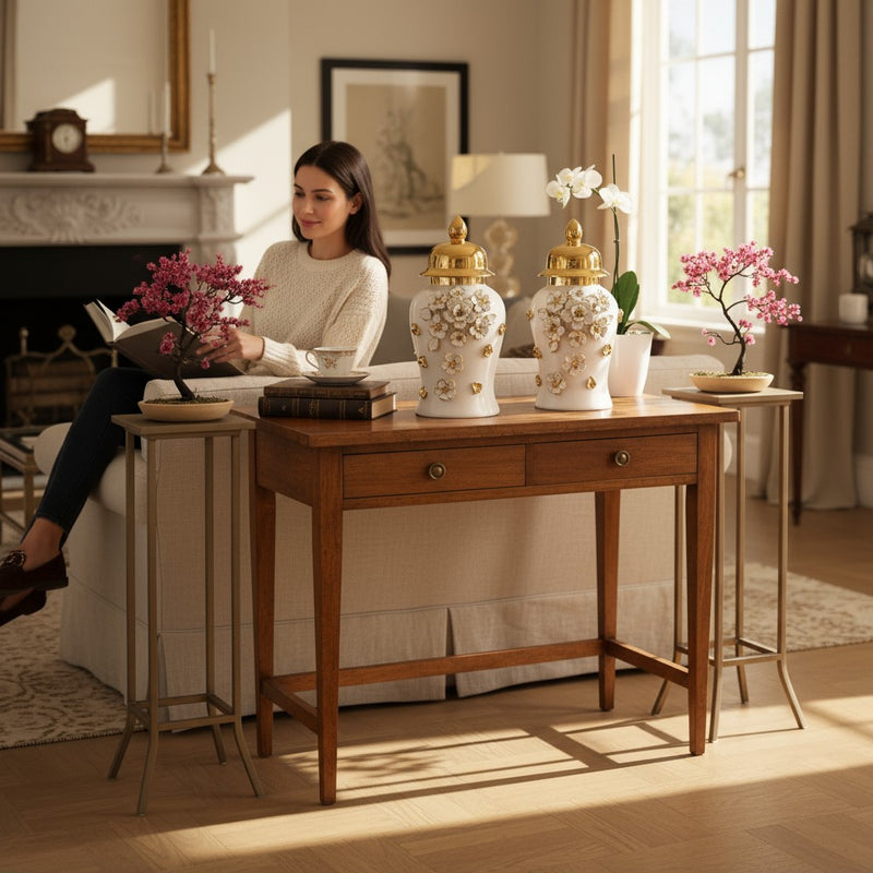 Floral Elegance White-Gold Porcelain Urns